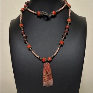 Bohemian Style Glass & Jasper Beads Large Jasper Stone Pendant Artisan Necklace